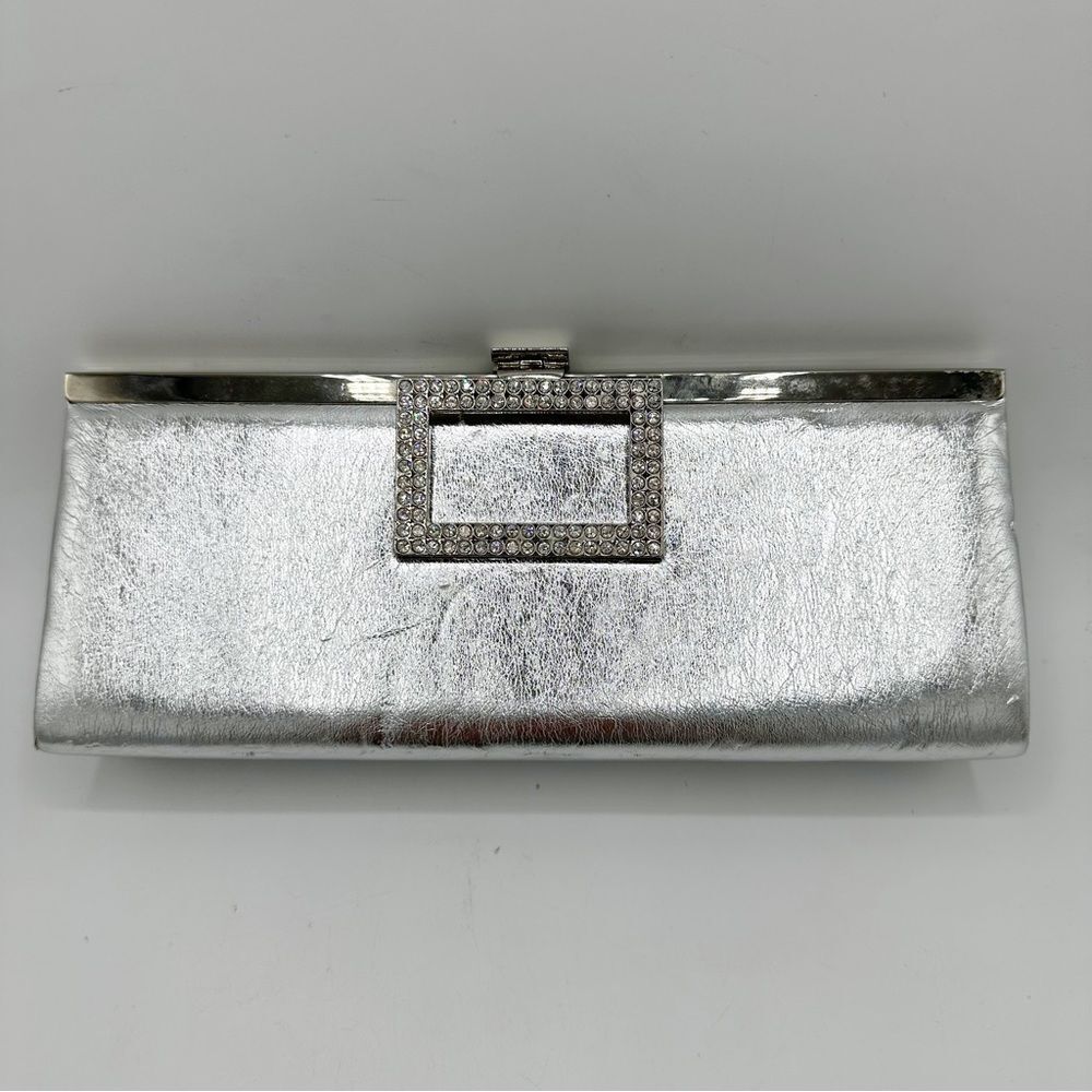 ‎CACHE Silver Metallic Convertible Clutch w/Crystal Embellishment - Picture 2 of 14